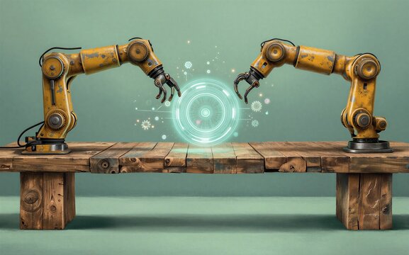 Two yellow robotic arms interact with a glowing holographic interface
