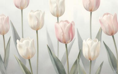 Obraz premium Pastel tulips bloom softly against a gentle misty background.