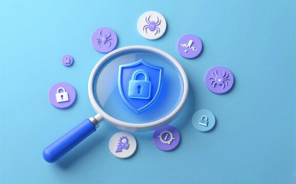 Magnifying glass reveals shield and lock surrounded by security icons