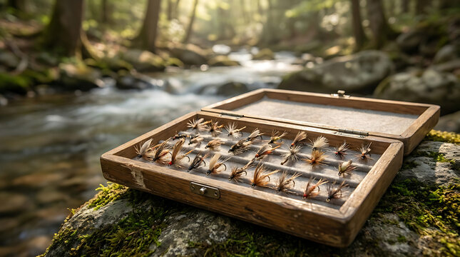 Wooden box of hand-tied fishing flies resting by a sun-dappled forest stream