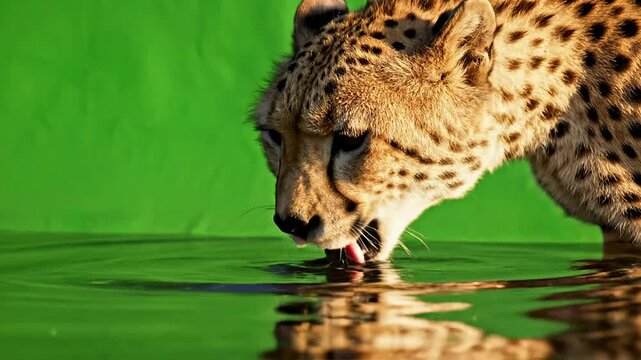 Cheetah Drinking Water in Close-Up Shot Against a Green Screen Background Showcasing Its Unique Fur Patterns and Natural Behavior