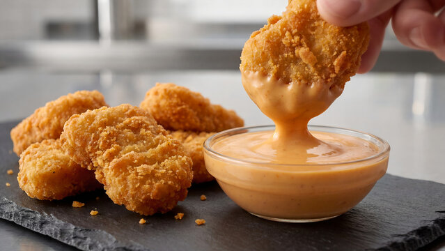 Chicken nuggets with dipping sauce on a slate board