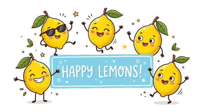 Cartoon lemons characters dancing around happy lemons sign