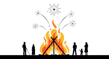 Obraz premium Vibrant Bonfire Flames Centerstage Silhouetted Figures Around Fire.