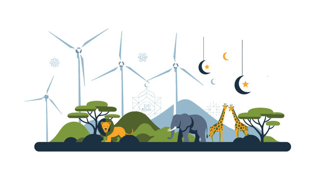 Wind Turbines On Green Landscape Scene.