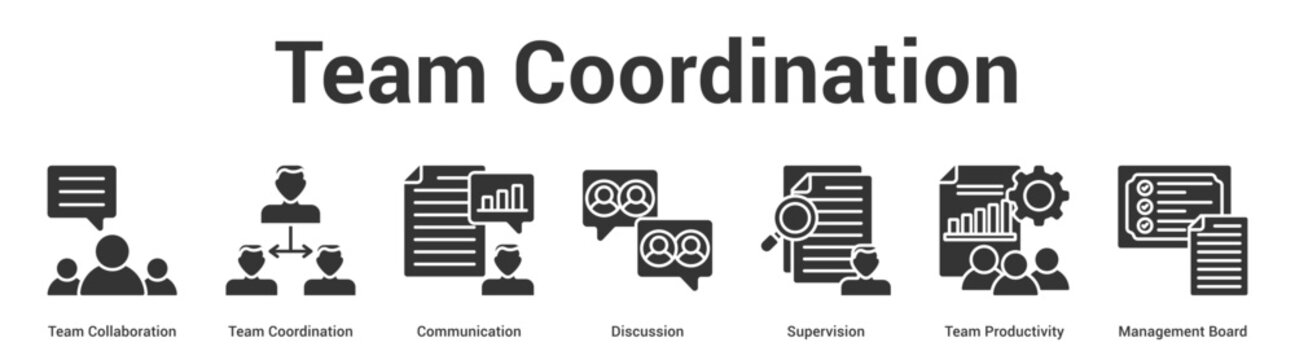 Team Coordination web banner icon set vector illustration concept for business with icon of Team Collaboration, Team Coordination, Communication, Discussion, Supervision, Team Productivi.