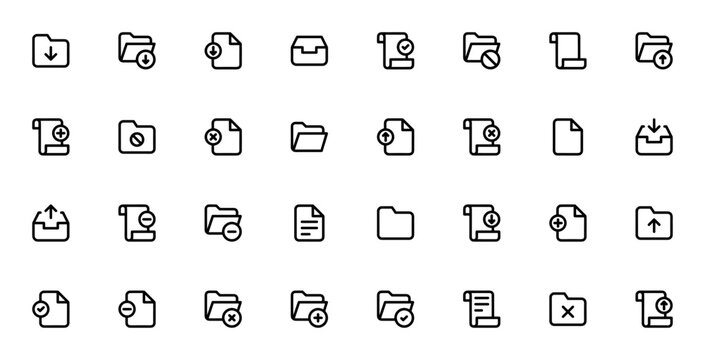 File and folder icon set. Minimal vector icons pack. Includes save file, inbox, archive, document, upload file, data storage and more. Editable thin line stroke.