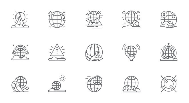 Icons depicting global crisis, economic issues, and environmental challenges.