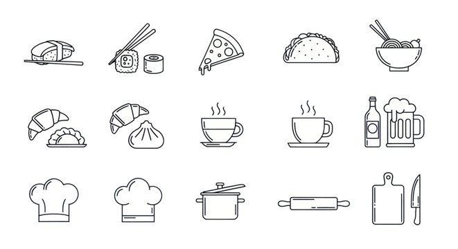 Set of diverse food and cuisine icons in a clean, minimalist style.