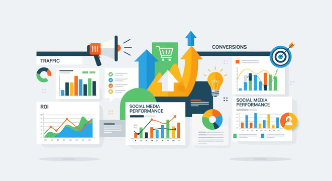 Business growth and marketing strategy with data analysis and performance metrics.