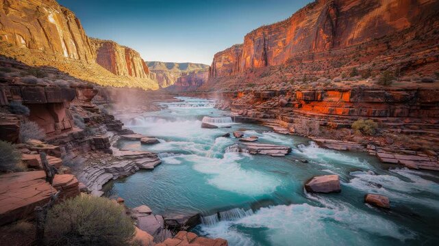 Beautiful scenic view of turquoise river flowing through red rock canyon under clear blue sky