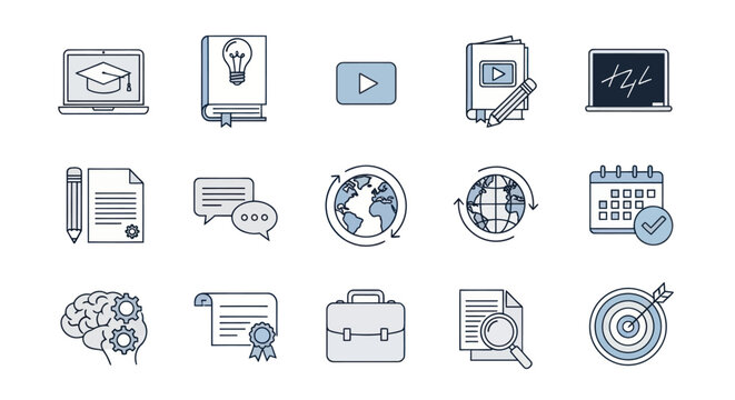 Flat line icon set for online education, e-learning and digital business training.