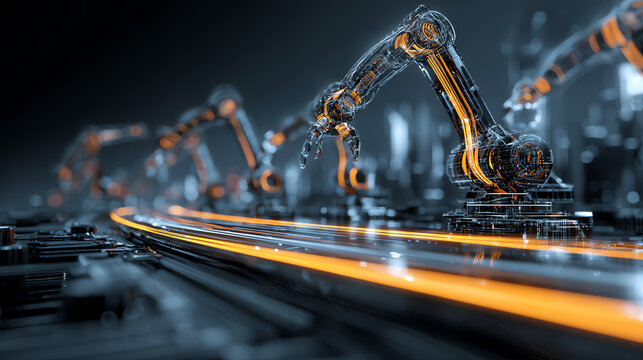 Futuristic robotic arms working in a high-tech production line, showcasing advanced automation and technology.