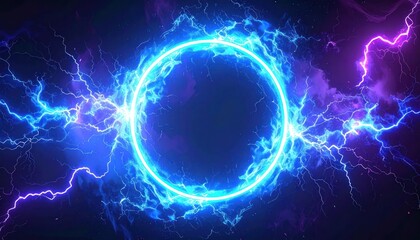 Naklejka premium A luminous blue ring of energy bursts with surrounding electric discharges against a smoky backdrop