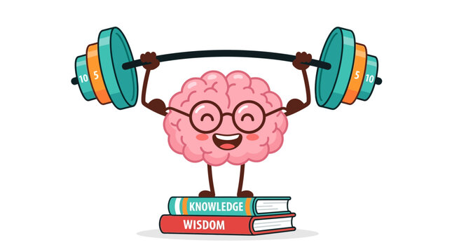 Cartoon brain lifting dumbbells on knowledge and wisdom books