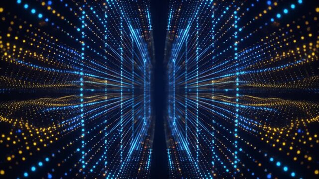 Futuristic abstract data visualization of glowing blue and yellow dots forming an interconnected digital network, symbolizing advanced technology and high-speed information flow
