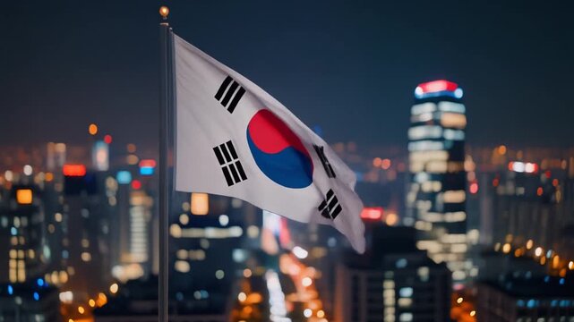South Korean Flag Waving Gracefully in the Wind Against Clear Blue Sky in Slow Motion