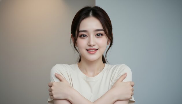 Beautiful Young Asian Woman Smiling and Hugging Herself for Self-Love and Wellness Concept