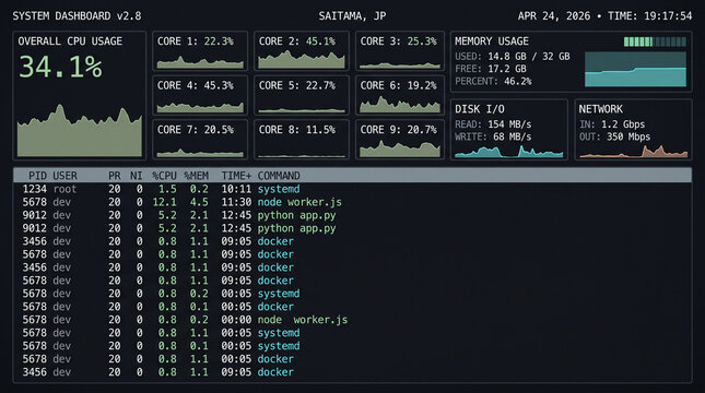 システムダッシュボード画面　CPUとメモリの使用状況を監視するサーバー管理
