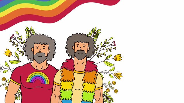 two bearded men wearing colorful pride outfits and flower crowns