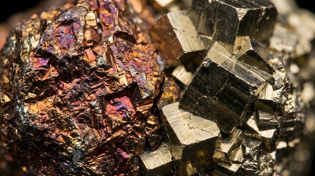 Mineral pyrite stone close up, texture and detail background industrial mineral extreme close-up, geological texture, copy space
