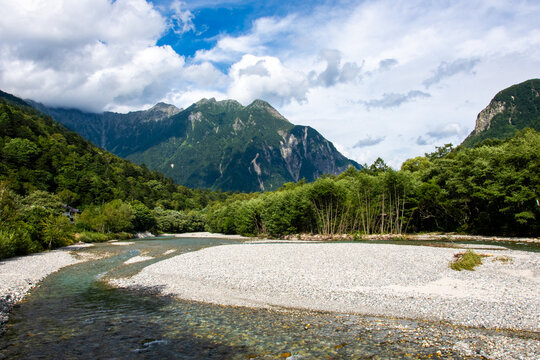 上高地　梓川　錫杖岳