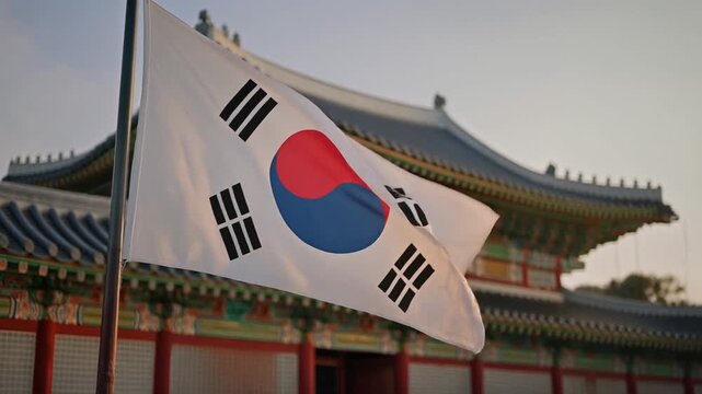 South Korean Flag Waving Gracefully in the Wind Against Clear Blue Sky in Slow Motion