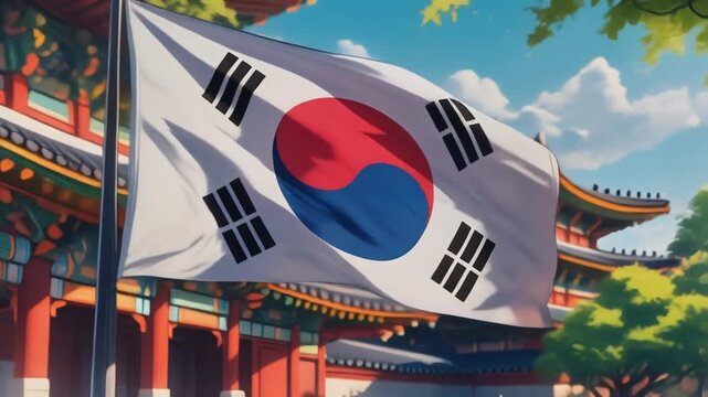 South Korean Flag Waving Gracefully in the Wind Against Clear Blue Sky in Slow Motion