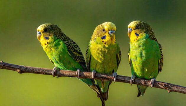 Three green and yellow parakeets perched.
