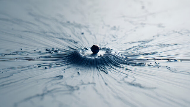 Black sphere landing on a liquid surface creating ripple effect and splashes, abstract physics concept