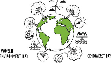 Obraz premium Eco friendly icons, World Environment Day, green earth, sustainable living vector graphics