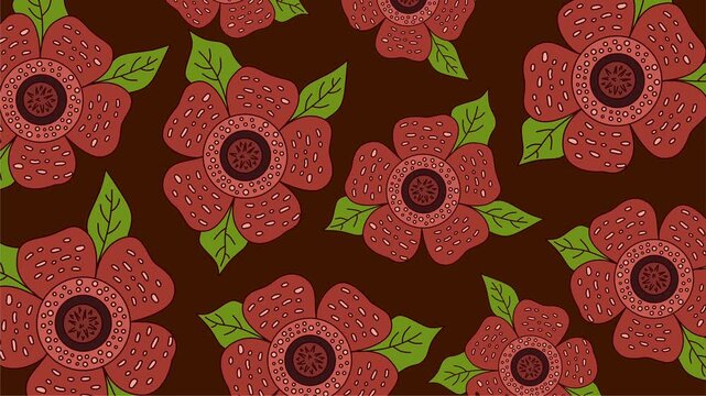 seamless pattern of red rafflesia flowers on dark brown background