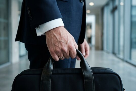 Close-up of hands gripping a leather briefcase. Represents economic tension, trade embargoes, and corporate challenges in global markets.