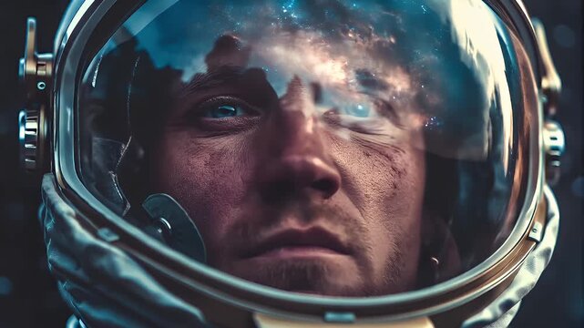 Space universe exploration, fantasy, mysterious. A closeup of a mans face, captured in a side profile. He wears a metallic helmet with a visor, revealing a detailed view of a nebula.