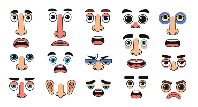 Cartoon facial features and expressions.