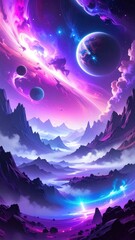 Obraz premium A vibrant cosmic landscape with mountains, planets, nebulae, and glowing light