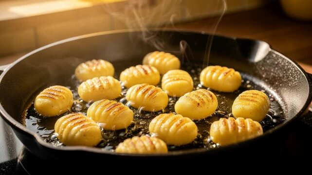 Golden brown gnocchi frying in hot oil in a cast iron skillet with steam rising in warm kitchen light