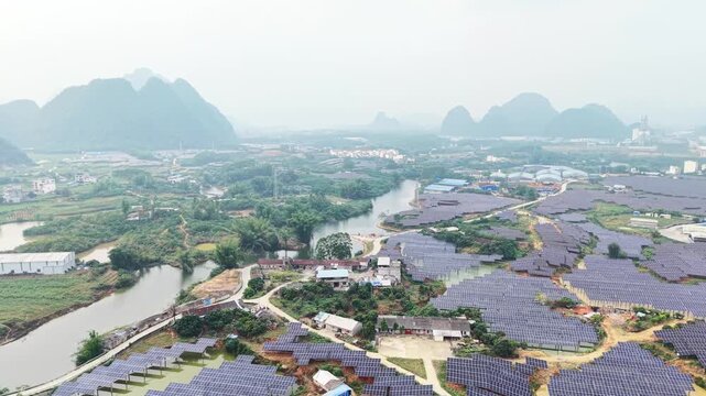 Large Rural Solar Farm in Guangxi Blending with Farmland, River and Village Houses, China 