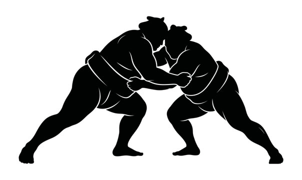 Two black silhouettes of sumo wrestlers grappling in a traditional Japanese wrestling match, ready to compete.