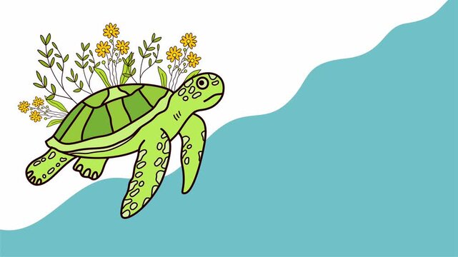 Sea turtle swimming in blue water with plants on shell