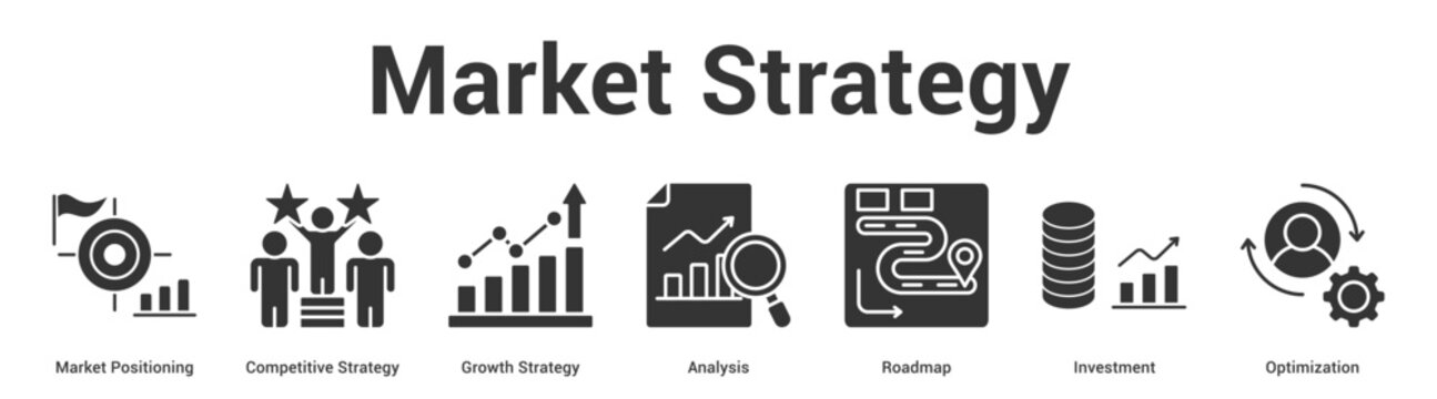 Market Strategy web banner icon set vector illustration concept for business with icon of Market Positioning, Competitive Strategy, Growth Strategy, Analysis, Roadm.
