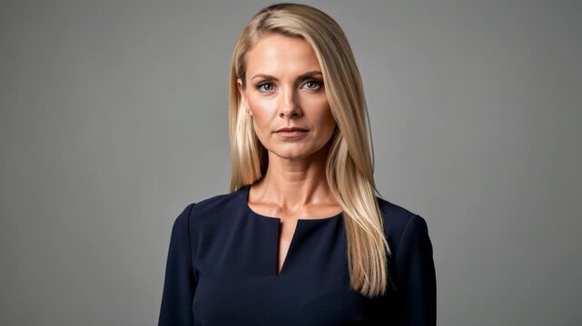 Confident professional businesswoman with blonde hair in navy blue top looking at camera on grey background