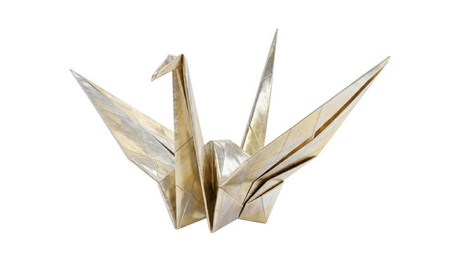 Metallic gold origami crane on white background, elegant folded paper bird sculpture, traditional Japanese paper craft art, luxury gold foil crane