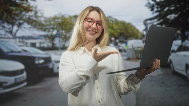 Woman holding laptop and presenting with open palm and smile on an urban street; professional confidence.