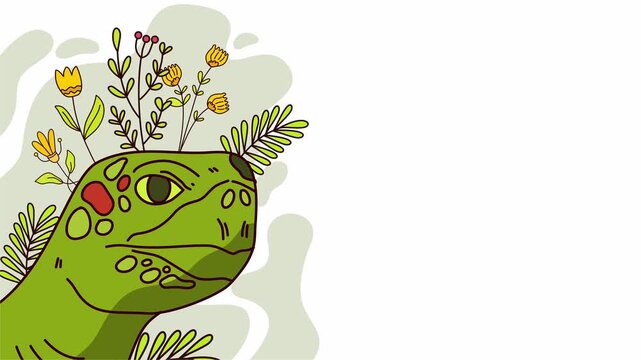 Close up head of green turtle with floral plant crown