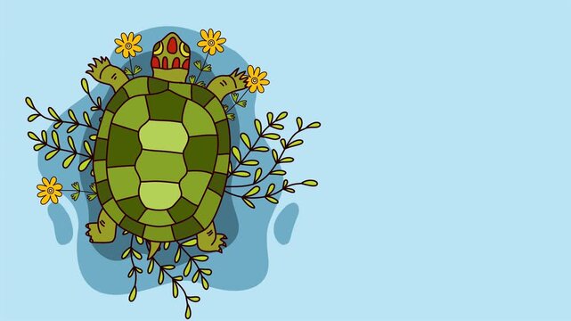 Top view of sea turtle swimming with flowers and plants