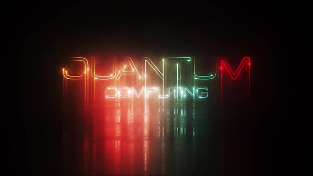 Animation text of Quantum Computing laser neon glitch text effect cinematic title on black abstract backgroud. 