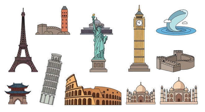Collection of famous landmarks icons.
