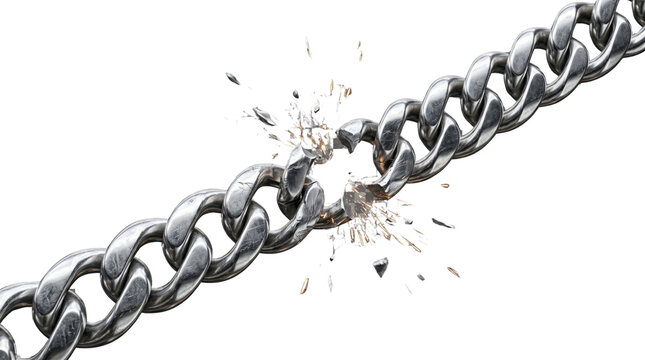 Broken metal chain snapping with sparks, chrome steel link breaking apart on white background, concept of freedom and escaping bondage