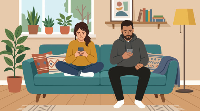 Couple Using Smartphones Sitting Together on Sofa at Home Flat Vector Illustration